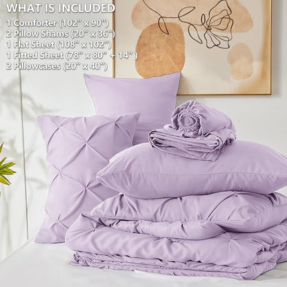 CozyLux King Size Comforter Set Lavender, 7 Pieces Bed in A Bag Light Purple Comforter King Size, Pinch Pleat Bedding Set with All Season Comforter, Sheets, Pillowcases & Shams