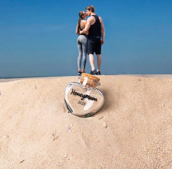 Honeymoon Sand Keepsake Jar 2025，Bridal Shower, Wedding, Engagement, Honeymoon, Travel Gift for Couples, Newlywed, Fiance(Gift Box Includes) - 40ml Heart Shape Glass