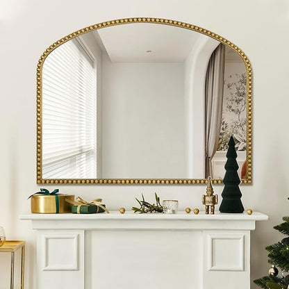 28"x36" Large Arch Wall Mirror, Decorative Beaded Frame Hanging Vanity Mirror for Dresser, Bathroom, Entryway, Bedroom, Mantel, Antique Gold