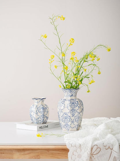Blue and White Vase, Vintage Blue Ceramic Flower Vessel,Ceramic vases for Home Decor,Vintage Green and Beige for Console Table Mantle Chinoiserie Decor (Blue and White-01, Small)