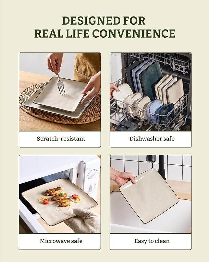 Famiware Dinnerware Sets for 8, Ocean Square 24-Piece Kitchen Plates and Bowls Sets, Microwave and Dishwasher Safe, Scratch Resistant, Light khaki