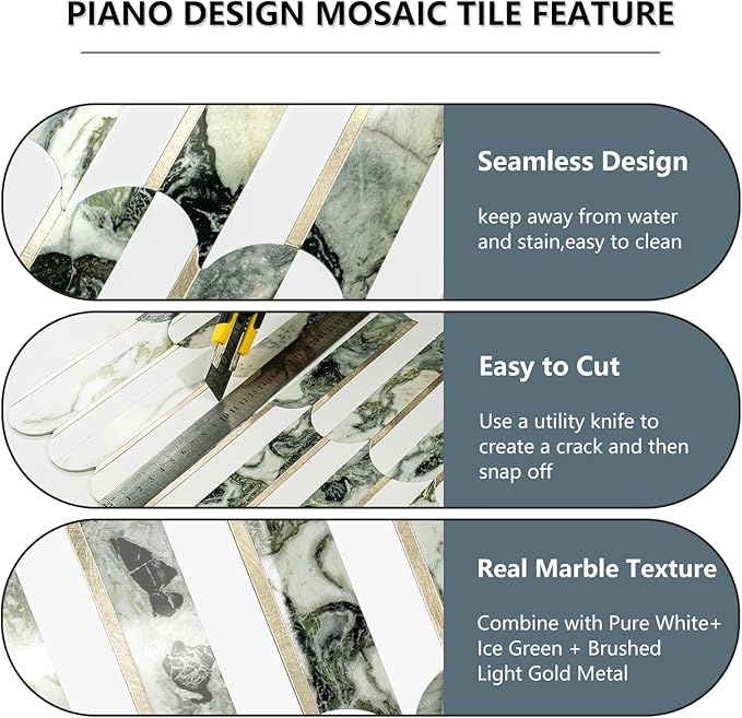 Vamos Tile Peel and Stick Backsplash Seamless Tile,10-Sheets Stick on Backsplash for Kitchen and Bathroom, Pure White+Ice Green Marble+Light Gold PVC Self Adhesive Mosaic Tiles