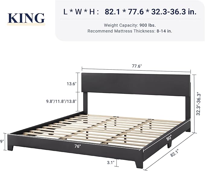 Allewie King Size Bed Frame with Adjustable Headboard, Faux Leather Platform Bed with Wood Slats, Heavy Duty Mattress Foundation, No Box Spring Needed, Noise-Free, Easy Assembly, Black