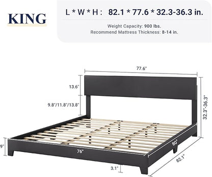 Allewie King Size Bed Frame with Adjustable Headboard, Faux Leather Platform Bed with Wood Slats, Heavy Duty Mattress Foundation, No Box Spring Needed, Noise-Free, Easy Assembly, Black
