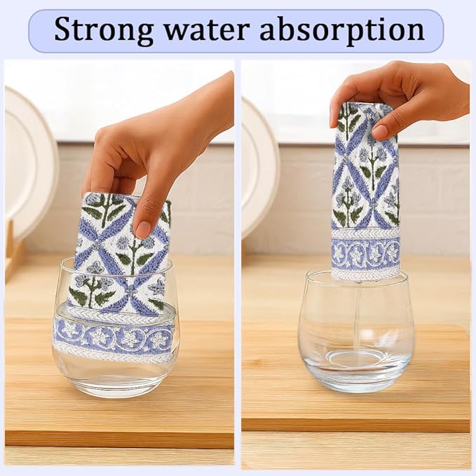 Ridhi Light Steel Blue Hand Block Print Waffle Kitchen Towel Set of 3-16 x28 Ultra Absorbent Quick Dry 100% Cotton Dish Towels Lightweight Reusable Sustainable Tea Towels for Cleaning and Drying