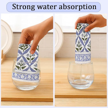 Ridhi Light Steel Blue Hand Block Print Waffle Kitchen Towel Set of 3-16 x28 Ultra Absorbent Quick Dry 100% Cotton Dish Towels Lightweight Reusable Sustainable Tea Towels for Cleaning and Drying