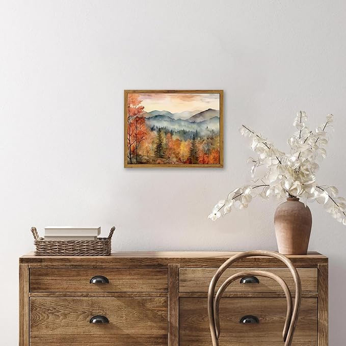 KBKBART Framed Vintage Wall Art for Living Room, Retro Autumn Watercolor Country Landscape Canvas Fall Wall Art Painting Farmhouse Bedroom Decor, Rustic Vintage Wall Decor (9"x11")