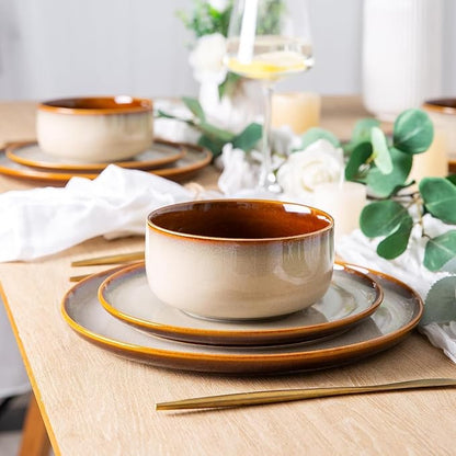LERATIO Ceramic Dinnerware Sets for 12, 36 Pieces Plates and Bowls Sets, Reactive Glaze Dishes -Scratch Resistant, Dishwasher&Microwave Safe&Oven Safe-Kahki