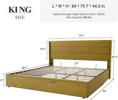 Allewie King Size Lift Up Storage Bed, Modern Wingback Headboard, Hydraulic Support, No Box Spring Needed, Olive Yellow