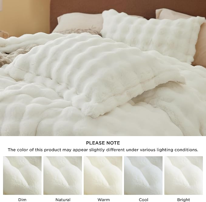 Bedsure Luxurious Faux Fur Duvet Cover Queen Size Set - Ultra Soft & Fluffy & Cozy & Warm - Elegant Shaggy Bubble Design Bedding with Duvet Cover and Pillow Shams, Coconut White