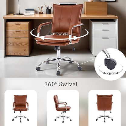 Mid-Back Ergonomic Leather Office Chair, Modern Upholstered Executive Desk Chair with Gold Frame Armrest Computer Task Chair (Caramel &Silver Legs)