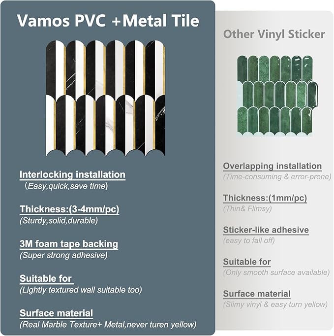 Vamos Tile Peel and Stick Backsplash Seamless Tile,Stick on Backsplash for Kitchen and Bathroom,Marble Look PVC Mixed Metal Gold Self Adhesive Metal Mosaic Tiles (10 Sheets)