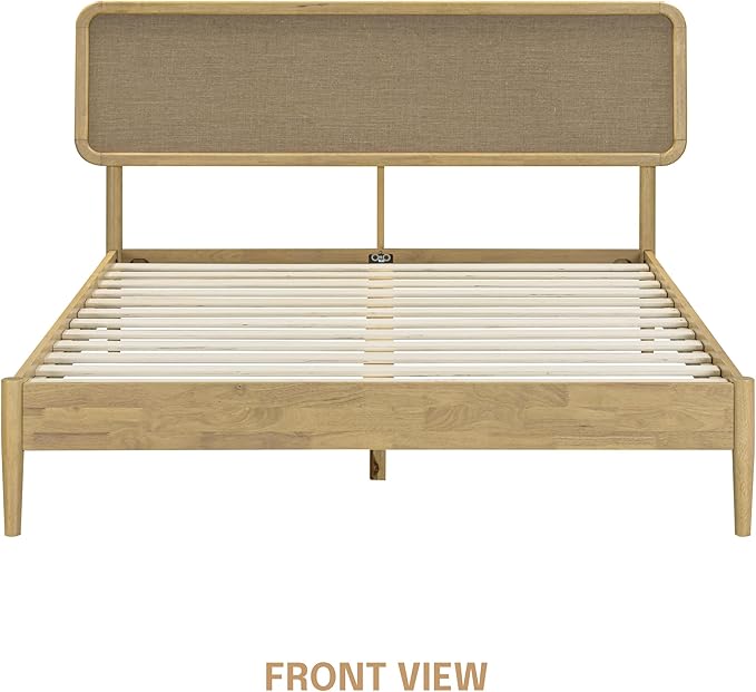 NTC Lupin Wooden Bed Frame with Headboard, Solid Oak and Rubber Wood Foundation with Silent Slats and Wood Central Supports, 1000 Lb Capacity, Queen - Sand