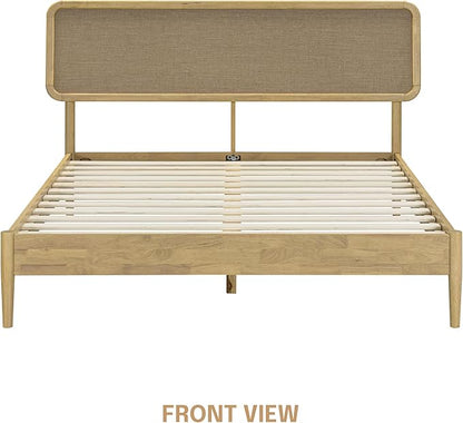 NTC Lupin Wooden Bed Frame with Headboard, Solid Oak and Rubber Wood Foundation with Silent Slats and Wood Central Supports, 1000 Lb Capacity, Queen - Sand