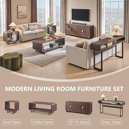 48" Modern Coffee Table, 2-Tier Minimalist Center Table with Storage Shelf, Curved Profile Design, Wooden Rectangular Living Room Table w/Wood Thick Design for Living Room, Office, Brown