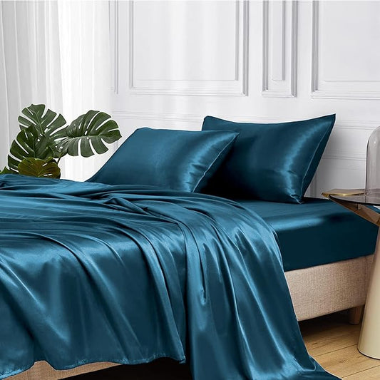 MR&HM Satin Bed Sheets, King Size Sheets Set, 4 Pcs Silky Bedding Set with 15 Inches Deep Pocket for Mattress (King, Teal)