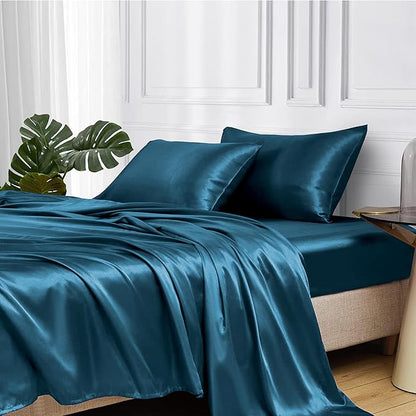 MR&HM Satin Bed Sheets, Full Size Sheets Set, 4 Pcs Silky Bedding Set with 15 Inches Deep Pocket for Mattress (Full, Teal)