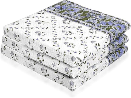 Ridhi Powder Blue Hand Block Print Waffle Kitchen Towel Set of 3-16 x28 Ultra Absorbent Quick Dry 100% Cotton Dish Towels Lightweight Reusable Sustainable Tea Towels for Cleaning and Drying