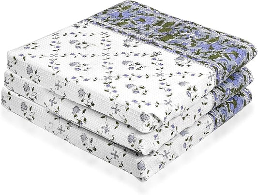 Ridhi Powder Blue Hand Block Print Waffle Kitchen Towel Set of 3-16 x28 Ultra Absorbent Quick Dry 100% Cotton Dish Towels Lightweight Reusable Sustainable Tea Towels for Cleaning and Drying