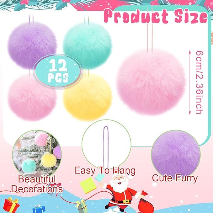 Gejoy 12 Pcs Pastel Furry Christmas Ball Ornaments for Xmas Tree Colorful Christmas Hanging Decorations Soft Faux Fur Pom Pom Ball Ornaments for Party Supplies Fireplace Mantel Home Wall Decor