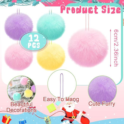 Gejoy 12 Pcs Pastel Furry Christmas Ball Ornaments for Xmas Tree Colorful Christmas Hanging Decorations Soft Faux Fur Pom Pom Ball Ornaments for Party Supplies Fireplace Mantel Home Wall Decor