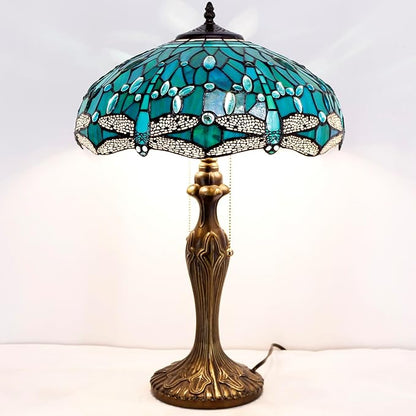 WERFACTORY Tiffany Table Lamp Green Stained Glass Dragonfly Bedside Lamp 16X16X24 Inches Desk Reading Light Metal Base Decor Bedroom Living Room Home Office S622 Series