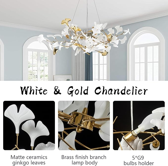 39" Dining Room Modern Leaf Chandelier, Gold Branch Chandeliers with Ceramic Ginkgo Leaves, 5-Light Hanging Brass Pendant Light Fixture for Living Room, Dining Room, Foyer High Ceiling