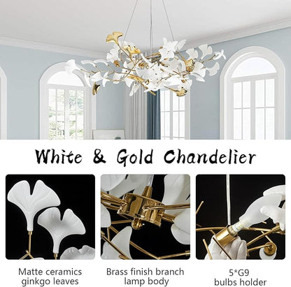 39" Dining Room Modern Leaf Chandelier, Gold Branch Chandeliers with Ceramic Ginkgo Leaves, 5-Light Hanging Brass Pendant Light Fixture for Living Room, Dining Room, Foyer High Ceiling
