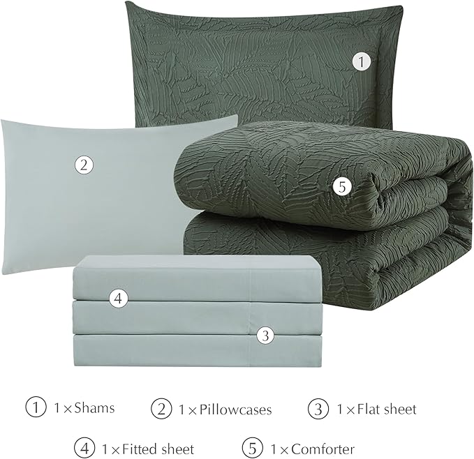 Geniospin Twin Comforter Set - 5 Pieces Dark Green Bedding Set, Botanical Textured Comforter Bed Set, All Season Lightweight Bed in a Bag with Comforter, Sheets, Pillowcases & Shams