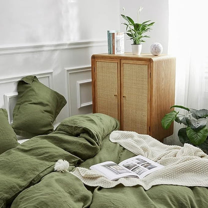 Simple&Opulence 100% Linen Duvet Cover Set, 3 PCS Natural French Flax Olive Green Duvet Cover Full Size, Breathable Soft Comfy Linen Bedding Comforter Cover with 2 Pillowcases(Olive Green, 78"x86")