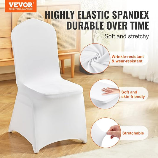VEVOR 200 Pcs Flat-Front Chair Covers Polyester Spandex Chair Cover Stretch Slipcovers, Wedding, Holiday, Banquet, Party, Celebration, Dining, White
