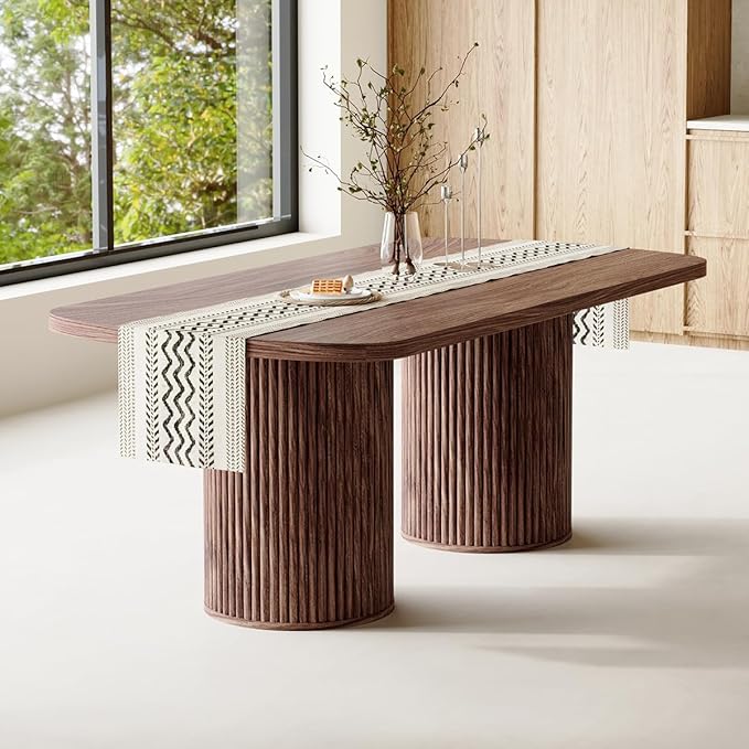 78.7" Extra Long Dining Table for 6-10 People, Farmhouse Kitchen Table with Cylindrical Fluted Bases, Rectangular Dining Table for Dining Room, Kitchen, Living Room, Walnut