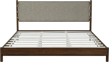 Premium Rubber Wood Platform Bed Frames, King Size Headboard Included, Mid Century Modern Beds, Walnut+Light Grey