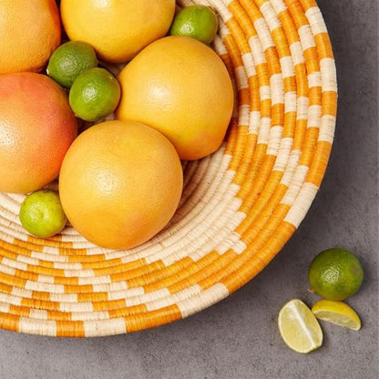 Home and Kitchen, Decorative Tary, Fruit Basket, Table Tray, Entryway Key Holder, Wicker, Handwoven, Raffia, Large, 16" Dia, Orange