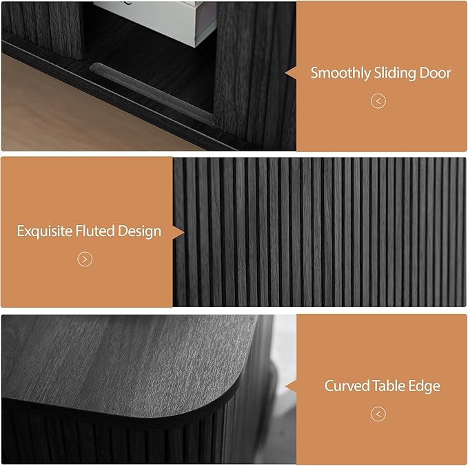 24 Inch End Table with Charging Station, Mid Century Modern Fluted Nighstand with Storage & Sliding Door, Wooden Large Side Table for Bedroom Living Room (Square, Black)