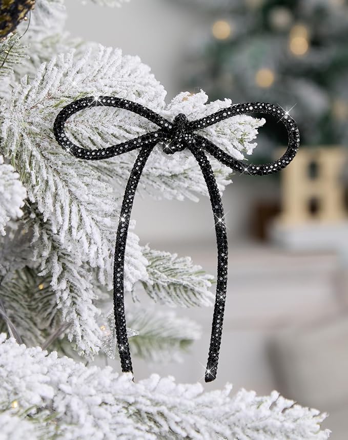 FLAIR GIFTS 6 Pcs 4.3" x 6" 2025 Christmas Bows for Tree Decor, Black Sparkly Glitter Rhinestone Bow Ornaments with Twist Tie for Xmas Decoration, Wreath, Garland, Gift Wrapping