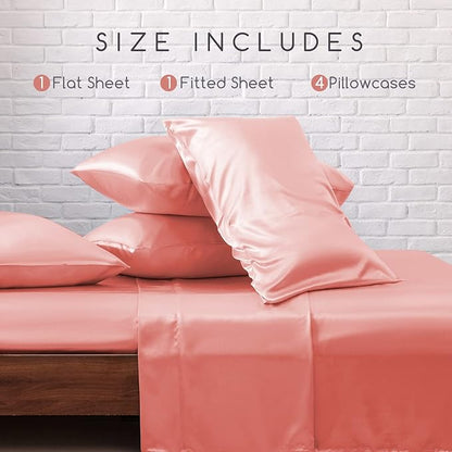 MR&HM Satin Bed Sheets, King Size Sheets Set, 6 Pcs Silky Bedding Set with 15 Inches Deep Pocket for Mattress (King, Blush)