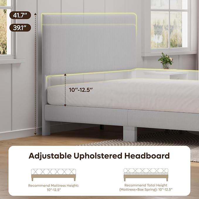 Bestier Queen Bed Frame with Adjustable Headboard, LED Lighting, Vertical Channel Tufted Corduroy Upholstered, Solid Wooden Slat Support, No Box Spring Needed, Never Squeak, Easy Assembly, Light Grey
