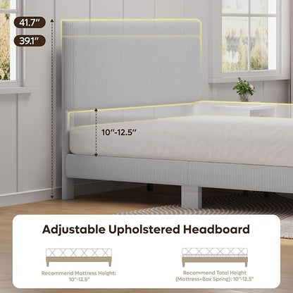 Bestier Queen Bed Frame with Adjustable Headboard, LED Lighting, Vertical Channel Tufted Corduroy Upholstered, Solid Wooden Slat Support, No Box Spring Needed, Never Squeak, Easy Assembly, Light Grey