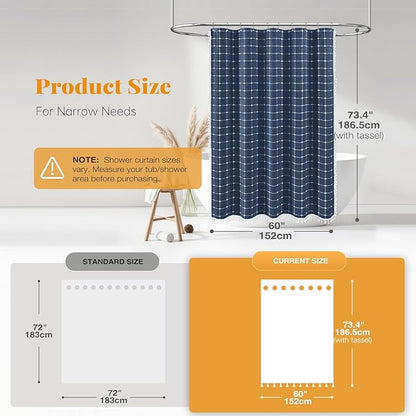 BTTN 60 Inch Stall Shower Curtain - Boho Farmhouse Linen Thick Fabric Cloth Shower Curtain Set with 10 Plastic Hooks, Narrow Bohemian Country Decorative Shower Curtain for Bathroom - 60x72 - Navy Blue