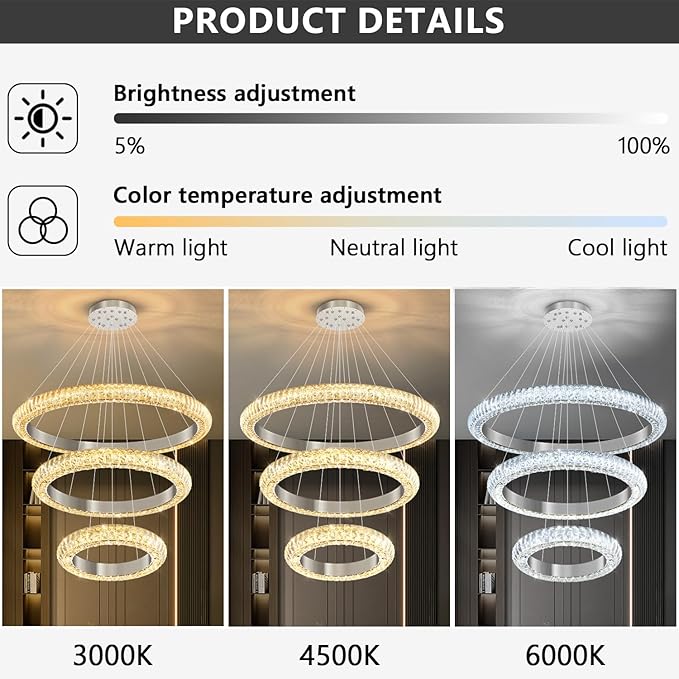 31.5" 3 Ring Crystal Chandelier Modern LED Dimmable Ring Pendant Light Round Chandelier for Dining Room Living Room Silver