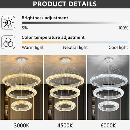 31.5" 3 Ring Crystal Chandelier Modern LED Dimmable Ring Pendant Light Round Chandelier for Dining Room Living Room Silver