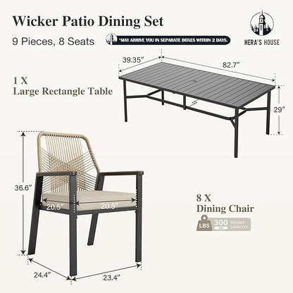 HERA'S HOUSE 9 Pieces Outdoor Dining Set, Patio Table and Chairs for 8, 8 x Cushioned Rattan Patio Chairs and 1 x 83 Large Rectangle Dining Table, Outdoor Dining Table Set for Lawn Garden