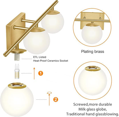 New Bathroom Vanity Light 3 Lights Fixtures Brushed Brass Milk White Globe Glass Shade Modern Wall Bar Sconce Over Mirror (Exclude G9 Bulb)