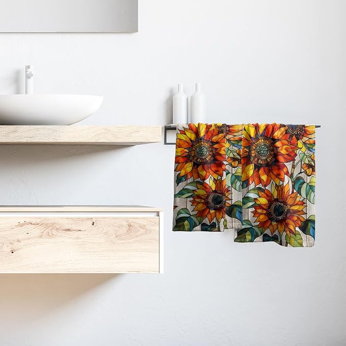 Sunflower Kitchen Towels Set of 2 Retro Barn Wooden Floral Country Spring Summer 14x28 Tabletop Decor Sunflower
