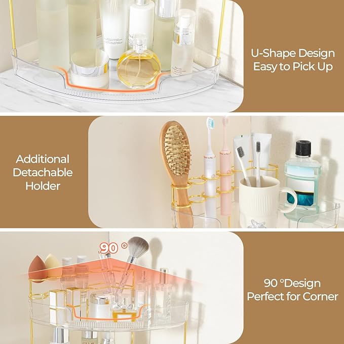 FELIZHOUSE 2-Tier Makeup Organizer for Vanity & Bathroom Countertop – Acrylic Storage Shelf with Perfume Makeup Brush Holder, Tool-Free Installation, Design for Bathroom & Dresser - Amber