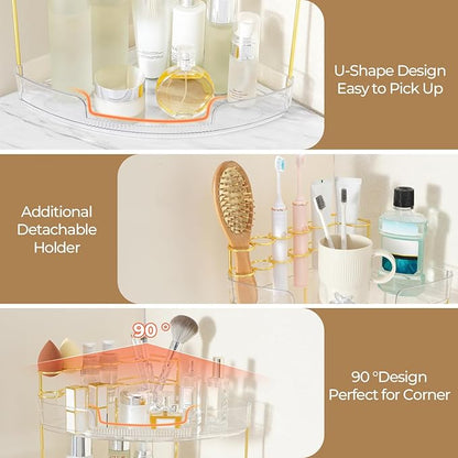 FELIZHOUSE 2-Tier Makeup Organizer for Vanity & Bathroom Countertop – Acrylic Storage Shelf with Perfume Makeup Brush Holder, Tool-Free Installation, Design for Bathroom & Dresser - Amber