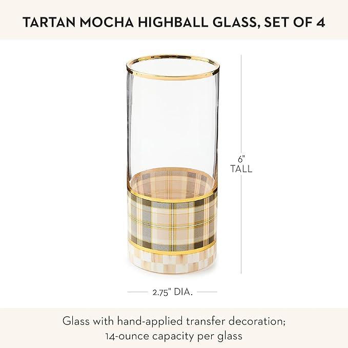 MACKENZIE-CHILDS Set of 4 Highball Glasses, Tall Drinking Glasses, 14 Ounces, Brown-and-White Tartan Mocha