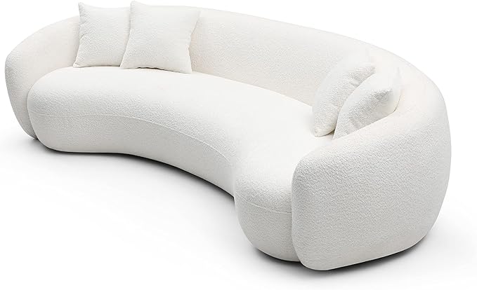 KEIKI 103" Boucle Half Moon Curved Sectional Sofa with 4 Throw Pillows, Modern Style 5-Seater Teddy Fleece Leisure Couch with Curved Backrest, Easy Assembly, for Apartment, Living Room, Bedroom, White