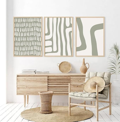 Minimalist Neutral Wall Art Decor Sage Green Boho Canvas Poster Abstract Modern Painting Wall Art Mid Century Beige Pictures Prints Gallery Line Wall Art for Bedroom 12x16 Inch Unframed Set of 3